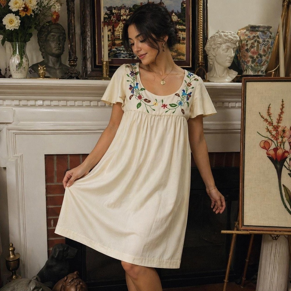 L Vintage Hand Embroidered Midi Dress with Flowers and Birds, Beige Linen Dress